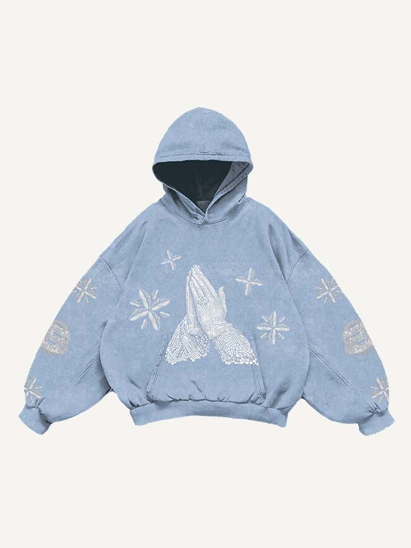 Mary&Letter Pray Faux Rhinestones Print Slant Pockets Hoodie