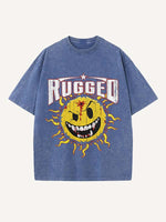 Distressed Washed Evil Sun&Letter Print Round Neck T-shirt