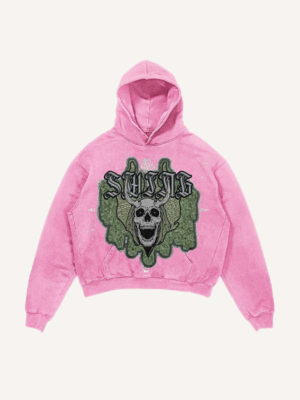 Distressed Washed Skull Faux Decal Print Slant Pockets Hoodie