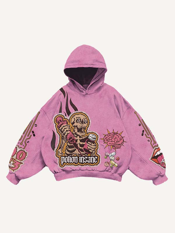Skeleton Injection Medicine&Letter Faux Decal Print Slant Pockets Hoodie