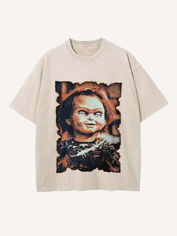 Distressed Washed Horror Print Round Neck T-shirt