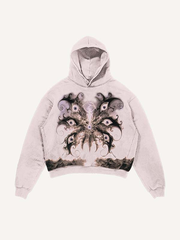Distressed Washed Wing&Eye&Graphic Print Slant Pockets Hoodie
