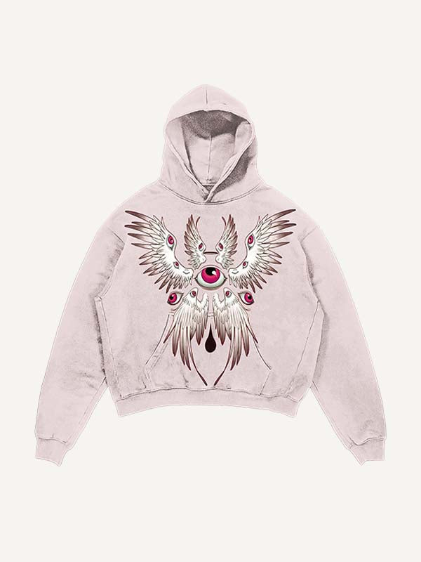 Distressed Washed Wing&Eye&Graphic Print Slant Pockets Hoodie