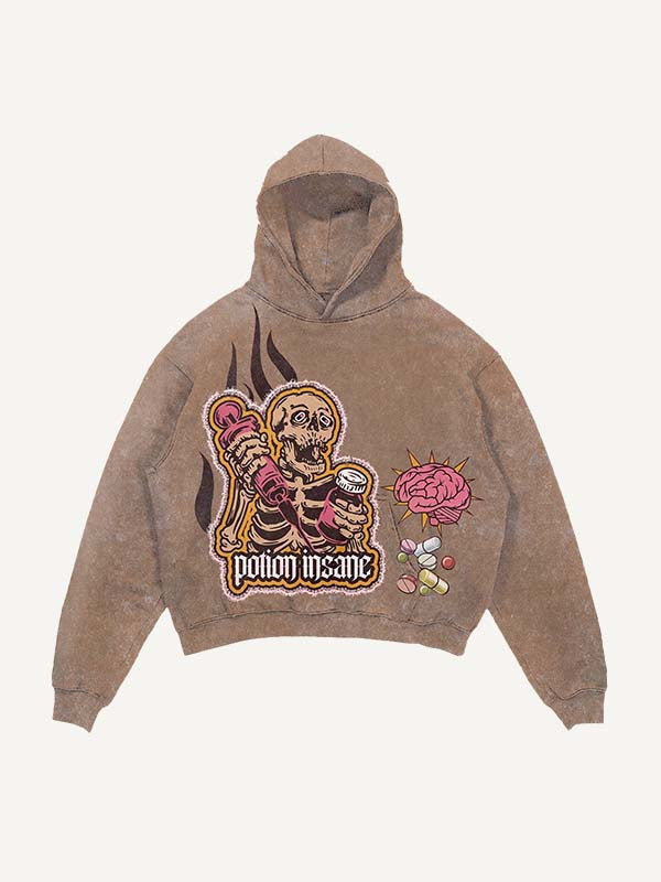 Distressed Washed Skeleton Injection Medicine&Letter Faux Decal Print Slant Pockets Hoodie