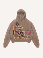 Distressed Washed Skeleton Injection Medicine&Letter Faux Decal Print Slant Pockets Hoodie