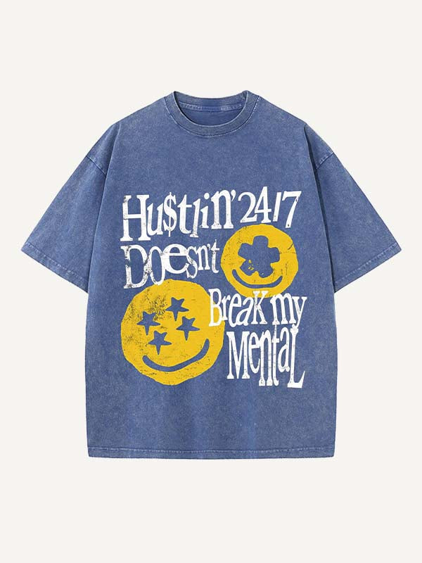 Distressed Washed Smiley Face&Graphic&Letter Print Round Neck T-shirt