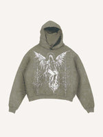 Distressed Washed Figure&Wing Graphic Print Slant Pockets Hoodie
