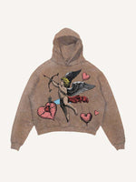 Distressed Washed Cupid&Heart Print Slant Pockets Hoodie