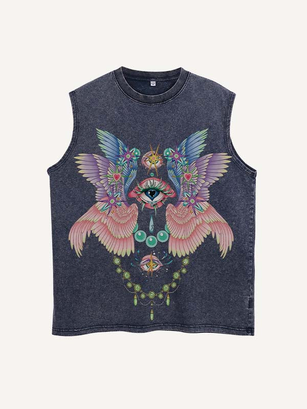 Distressed Washed Eye&Wing Print Round Neck Tank