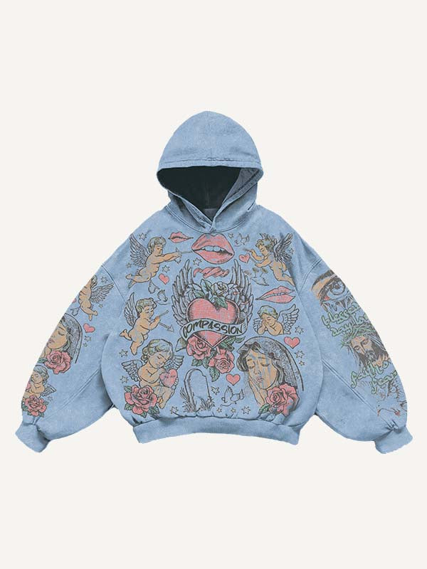 Jesus&Mary&Angel&Pigeon&Eye&Cross&Heart&Wing&Floral&Letter Print Slant Pockets Hoodie