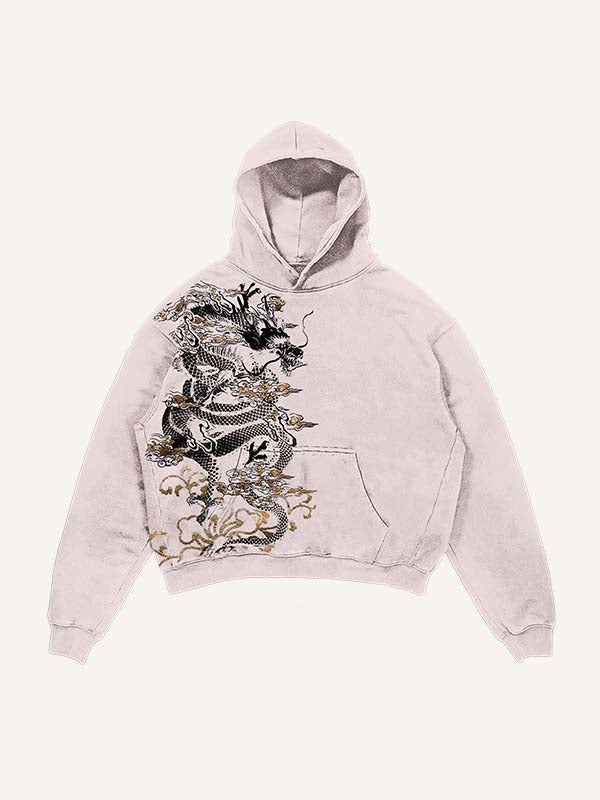 Distressed Washed Dragon Print Slant Pockets Hoodie