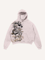 Distressed Washed Dragon Print Slant Pockets Hoodie