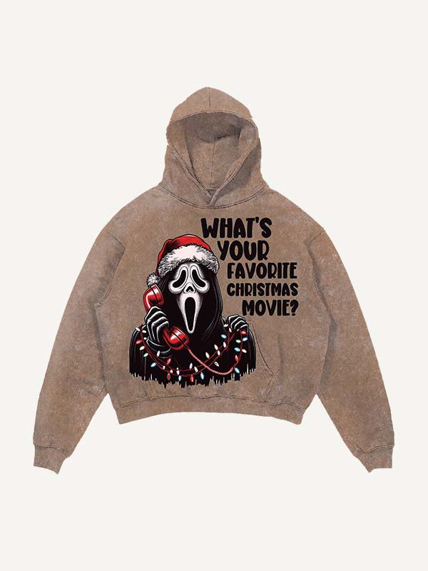 Distressed Washed Christmas Horror Print Slant Pockets Hoodie