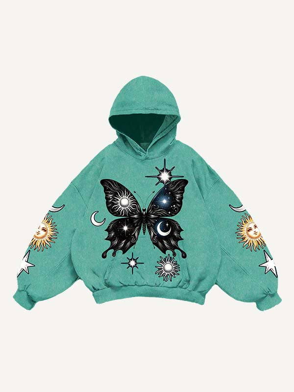 Butterfly&Sun&Moon&Graphic Print Slant Pockets Hoodie