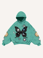 Butterfly&Sun&Moon&Graphic Print Slant Pockets Hoodie