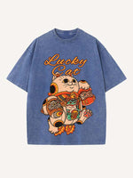 Distressed Washed Cat&Dragon&Animal&Graphic Print Round Neck T-shirt