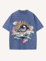 Distressed Washed Eye&Cloud Print Round Neck T-shirt