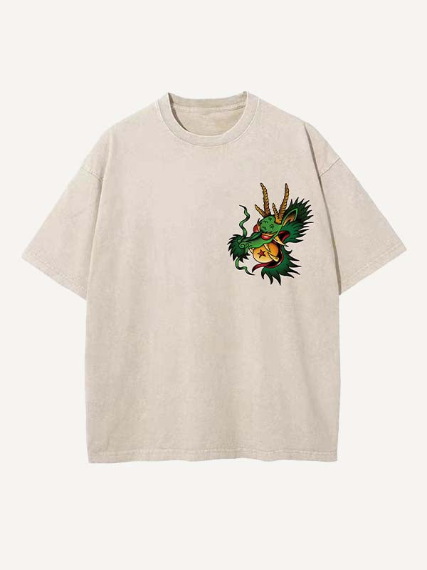 Distressed Washed Dragon&House&Graphic Print Round Neck T-shirt