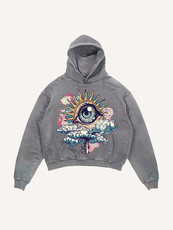 Distressed Washed Eye&Cloud&Moon&Graphic Print Slant Pockets Hoodie