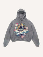 Distressed Washed Eye&Cloud&Moon&Graphic Print Slant Pockets Hoodie