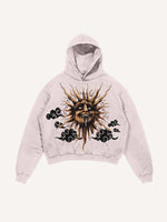 Distressed Washed Evil Moon&Sun&Cloud&Star Print Slant Pockets Hoodie