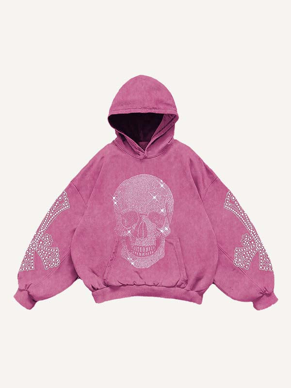 Skull&Wing&Cross Faux Rhinestones Print Slant Pockets Hoodie
