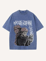 Distressed Washed Figure&Graphic&Fire Print Round Neck T-shirt