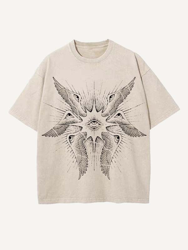 Distressed Washed Wing&Eye&Graphic Print Round Neck T-shirt
