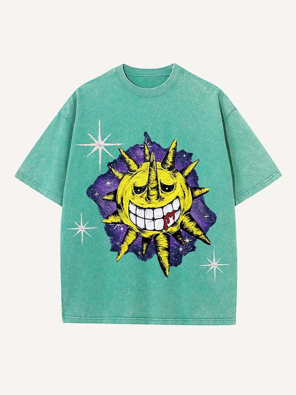 Distressed Washed Evil Sun&Moon&Cloud&Graphic Print Round Neck T-shirt