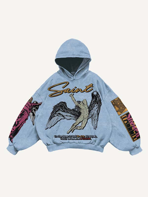 Figure&Wing&Eye&Palm&Graphic&Letter Print Slant Pockets Hoodie