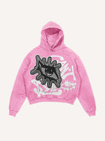 Distressed Washed Eye&Letter Faux Decal Print Slant Pockets Hoodie