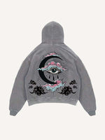 Distressed Washed Eye&Cloud&Moon&Graphic Print Slant Pockets Hoodie