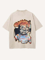 Distressed Washed Horror Print Round Neck T-shirt