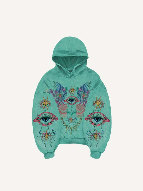 Eye&Wing Print Slant Pockets Hoodie