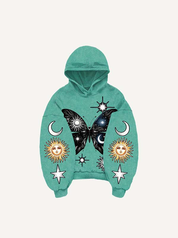 Butterfly&Sun&Moon&Graphic Print Slant Pockets Hoodie