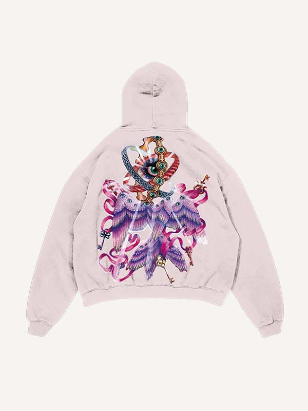 Distressed Washed Wing&Eye&Graphic Print Slant Pockets Hoodie