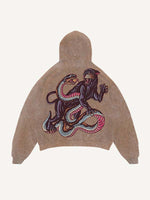 Distressed Washed Tiger&Snake&Panther Print Slant Pockets Hoodie