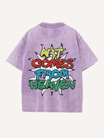 Distressed Washed Sun&Letter Print Round Neck T-shirt