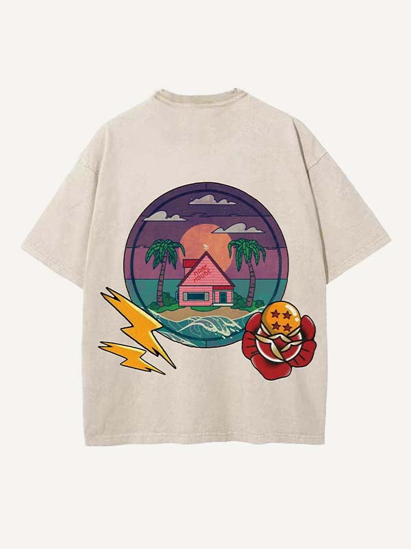 Distressed Washed Dragon&House&Graphic Print Round Neck T-shirt