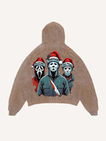 Distressed Washed Christmas Horror Print Slant Pockets Hoodie