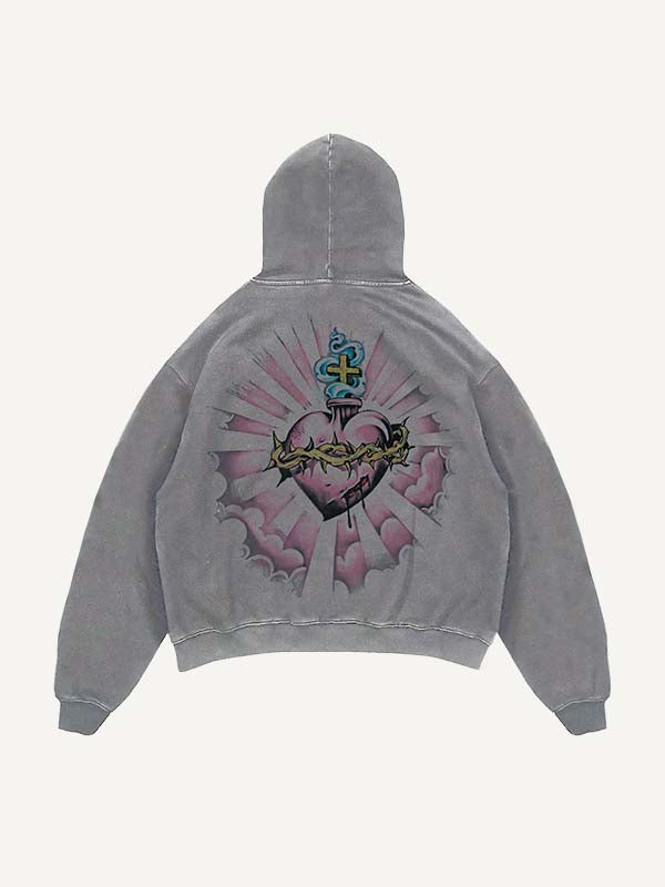 Distressed Washed Pray&Letter&Heart&Palm Print Slant Pockets Hoodie