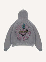 Distressed Washed Pray&Letter&Heart&Palm Print Slant Pockets Hoodie