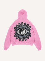 Distressed Washed Sun&Moon&Star&Eye Graphic Faux Decal Print Slant Pockets Hoodie