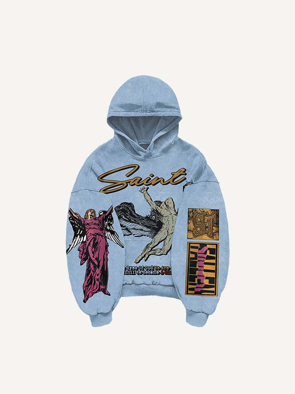 Figure&Wing&Eye&Palm&Graphic&Letter Print Slant Pockets Hoodie