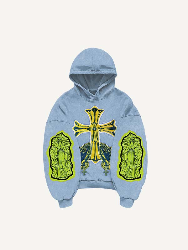 Figure&Pray&Cross Faux Decal Print Slant Pockets Hoodie