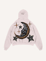 Distressed Washed Evil Moon&Sun&Cloud&Star Print Slant Pockets Hoodie
