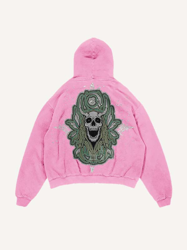 Distressed Washed Skull Faux Decal Print Slant Pockets Hoodie