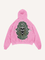 Distressed Washed Skull Faux Decal Print Slant Pockets Hoodie