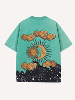 Distressed Washed Sad Sun&Moon&Eye&Cloud&Graphic Print Round Neck T-shirt
