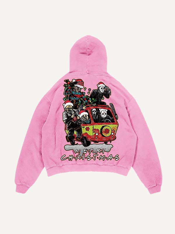 Distressed Washed Christmas Horror Print Slant Pockets Hoodie